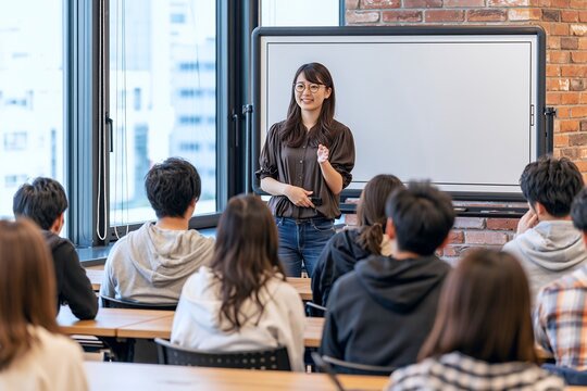 学生の前でプレゼンテーションする社会人